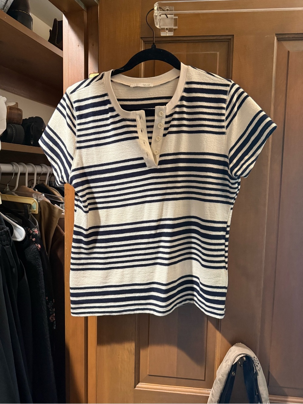 Zara Striped Henley Short-Sleeve Tee in Black and Cream